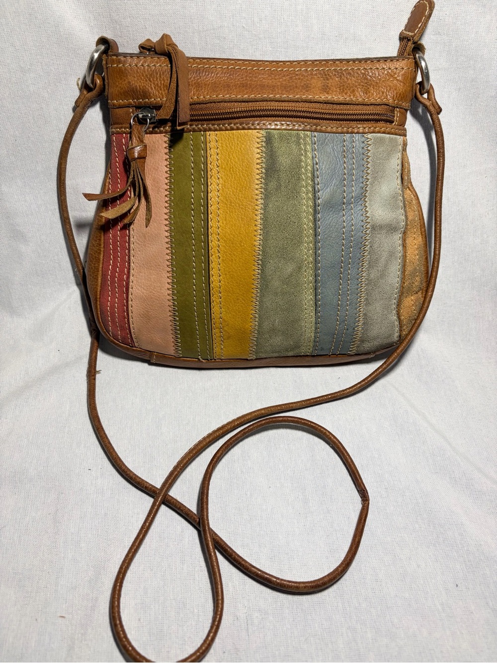 Vintage Fossil Rainbow Patchwork Leather & Suede Crossbody Bag
